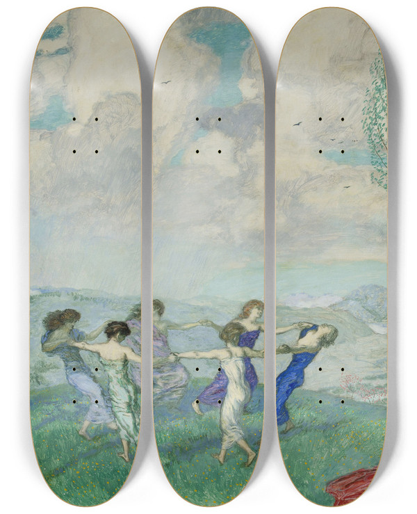 Triptych art skateboard deck of Franz Von Stuck Dancing Circle by Franz Von Stuck (1863-1928)