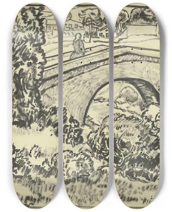 Triptych art skateboard deck of Engelbert Gminska Landschaft Mit Brcke Und Ortschaft by Engelbert Gminska