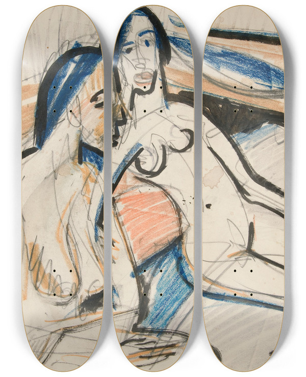 Triptych art skateboard deck of Ernst Ludwig Kirchner Two Seated Women Instudio by Ernst Ludwig Kirchner (1880-1938)