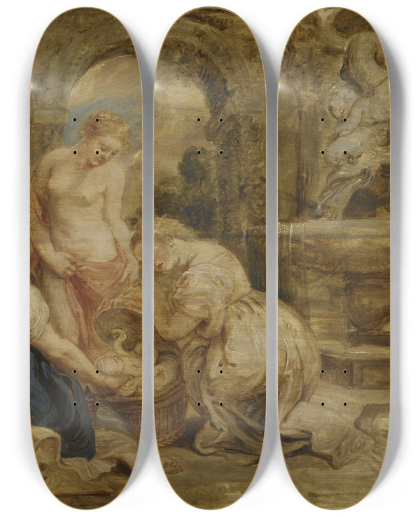 Triptych art skateboard deck of Peter Paul Rubens Cecrops Daughters Finding Erichtonius Sketch by Peter Paul Rubens (1577-1640)