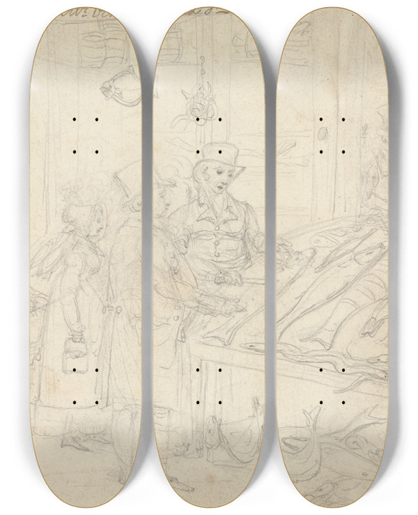 Triptych art skateboard deck of James Pollard A Fishmongers Shop With Customers Outside by James Pollard (1792-1867)
