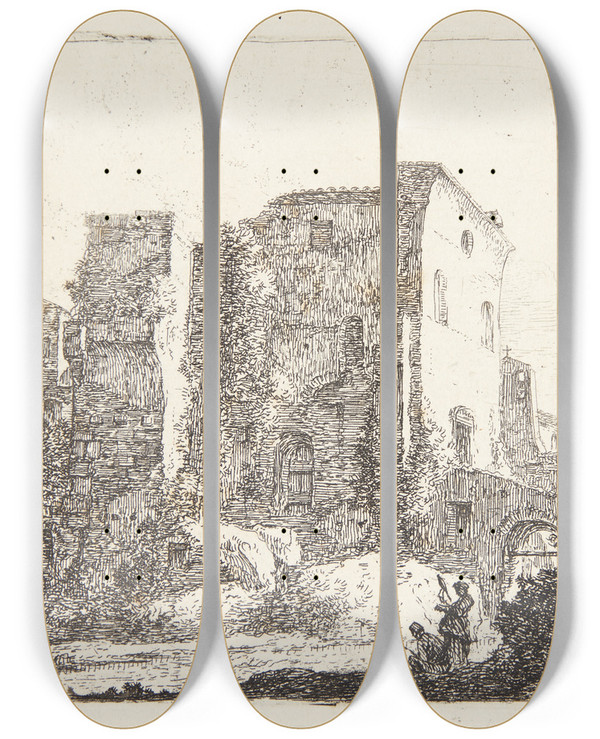 Triptych art skateboard deck of Thomas Wijck En Fisker Og En Spinderske by Thomas Wijck (1616-1677)