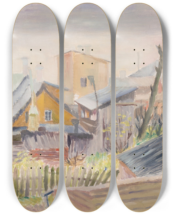 Triptych art skateboard deck of Ella Mtik Maastik by Ella Matik (1904-1943)