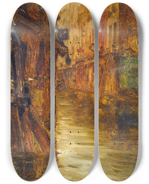 Triptych art skateboard deck of Germain Eugne Bonneton La Rue De Bivre Vue Du Boulevard Saintgermain Inondations De 1910 by Germain Eugene Bonneton (1874-1915)
