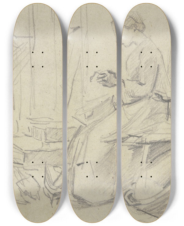 Triptych art skateboard deck of Anton Burger Sitting Woman Seamstress by Anton Burger (1824-1905)