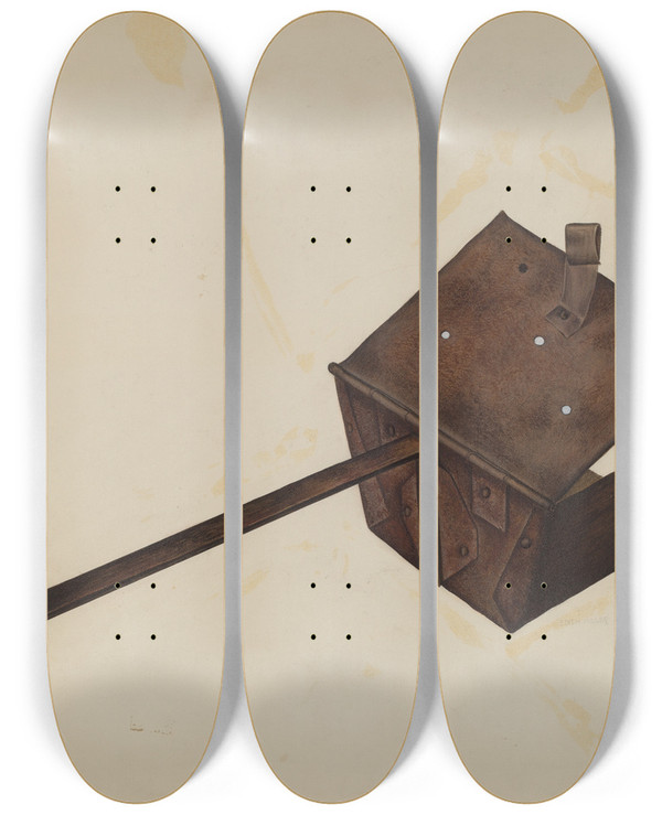 Triptych art skateboard deck of Edith Miller Hot Coal Carrier by Edith Miller