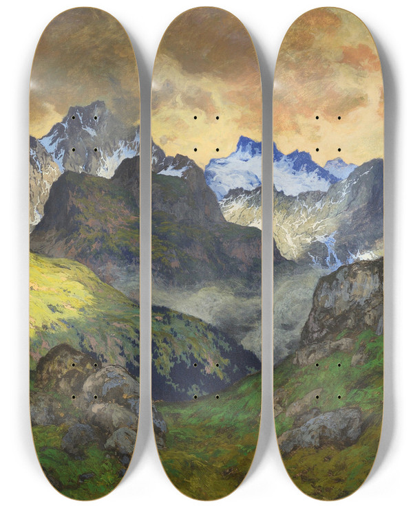 Triptych art skateboard deck of Hugo Hodiener An Alpine Landscape by Hugo Hodiener (1886-1945)