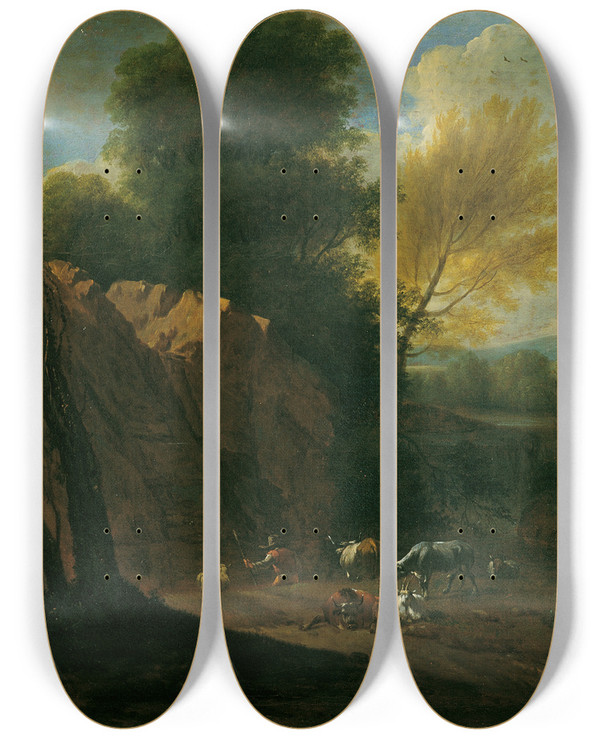 Triptych art skateboard deck of Johann Franz Nepomuk Lauterer Der Abend by Johann Franz Nepomuk Lauterer (1700-1733)