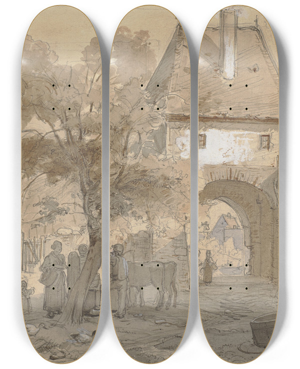 Triptych art skateboard deck of Philipp Rumpf Unter Einer Schleuse Am Zoo by Philipp Rumpf (1821-1896)