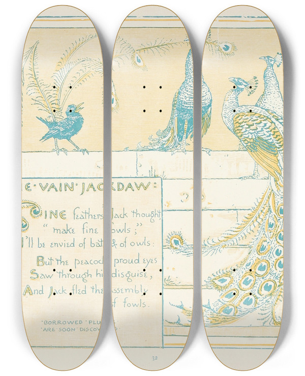Triptych art skateboard deck of Walter Crane The Vain Jackdaw by Walter Crane (1845-1915)