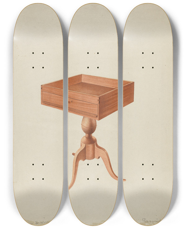 Triptych art skateboard deck of William Paul Childers Shaker Sewing Table by William Paul Childers