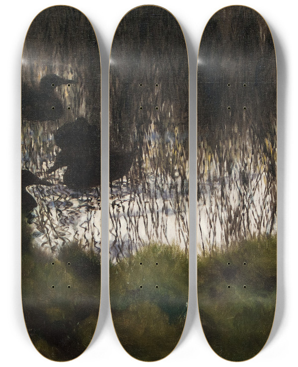 Triptych art skateboard deck of Bruno Liljefors Wild Ducks In Reeds by Bruno Liljefors (1860-1939)