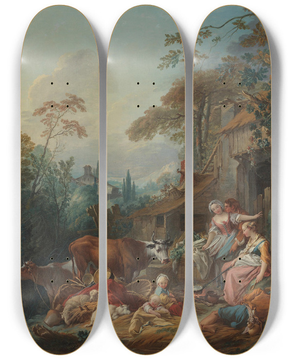 Triptych art skateboard deck of Franois Boucher Lndliche Idylle by Francois Boucher (1703-1770)