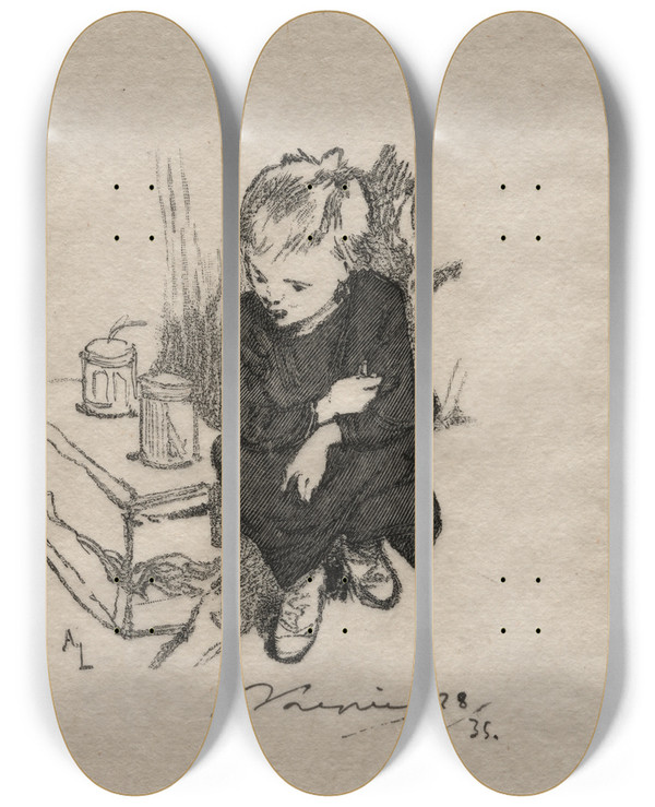 Triptych art skateboard deck of Auguste Louis Lepre Le Gamin A Lorset by Auguste Louis Lepere (1849-1918)