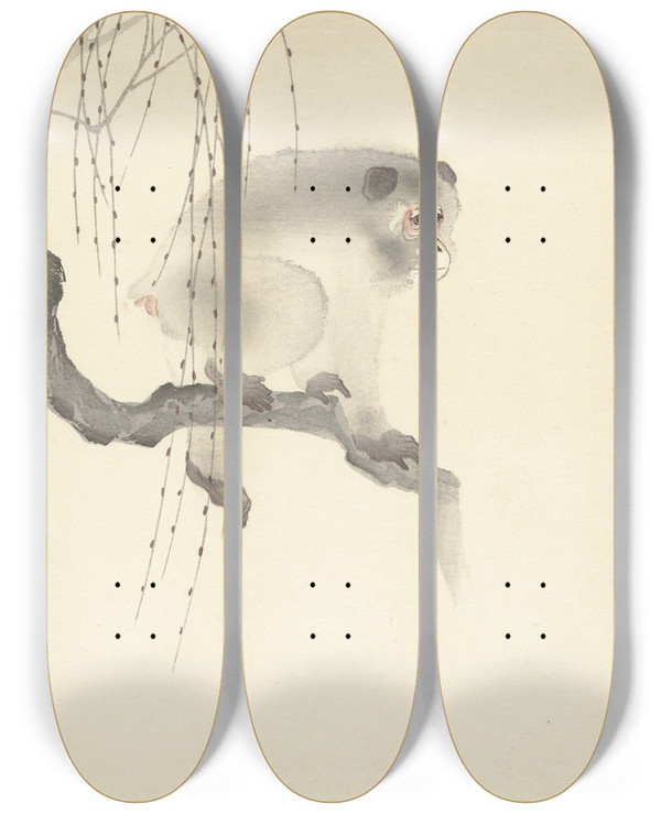 Triptych art skateboard deck of Ohara Koson Monkey On Tree Branch by Ohara Koson (1877-1945)
