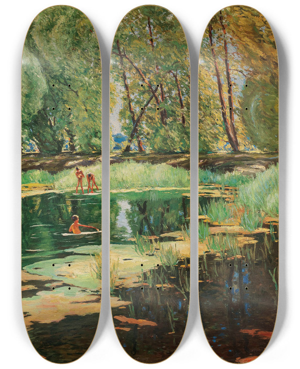 Triptych art skateboard deck of August Rieger Badeszene by August Rieger (1886-1941)