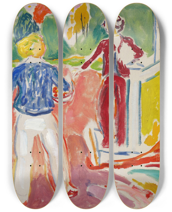 Triptych art skateboard deck of Edvard Munch Two Women By The Veranda Steps by Edvard Munch (1863-1944)