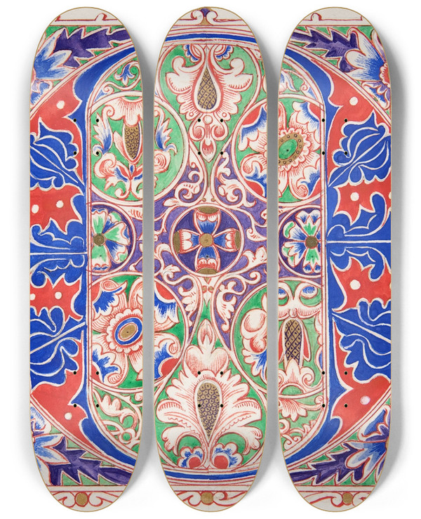 Triptych art skateboard deck of Freeman Gage Delamotte Illuminated Initial O by Freeman Gage Delamotte (1813-1862)