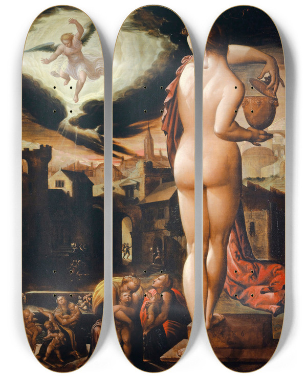 Triptych art skateboard deck of Hans Bock The Elder Allegory Of Night by Hans Bock The Elder (1550-1624)