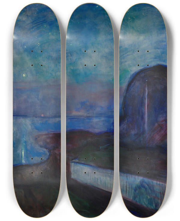 Triptych art skateboard deck of Edvard Munch Starry Night by Edvard Munch (1863-1944)