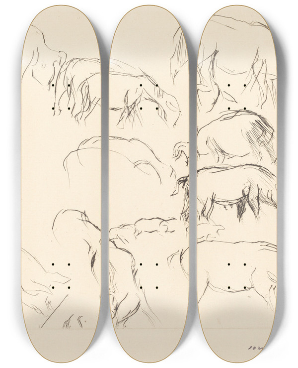 Triptych art skateboard deck of Lovis Corinth Animal Studies Verschiedene Tierstudien_3 by Lovis Corinth (1858-1925)