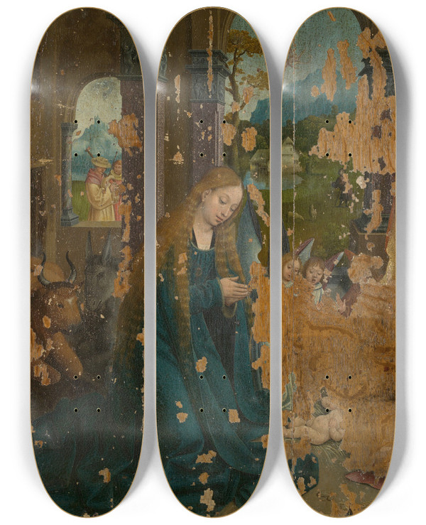Triptych art skateboard deck of Bernard Van Orley The Nativity by Bernard Van Orley (1492-1542)