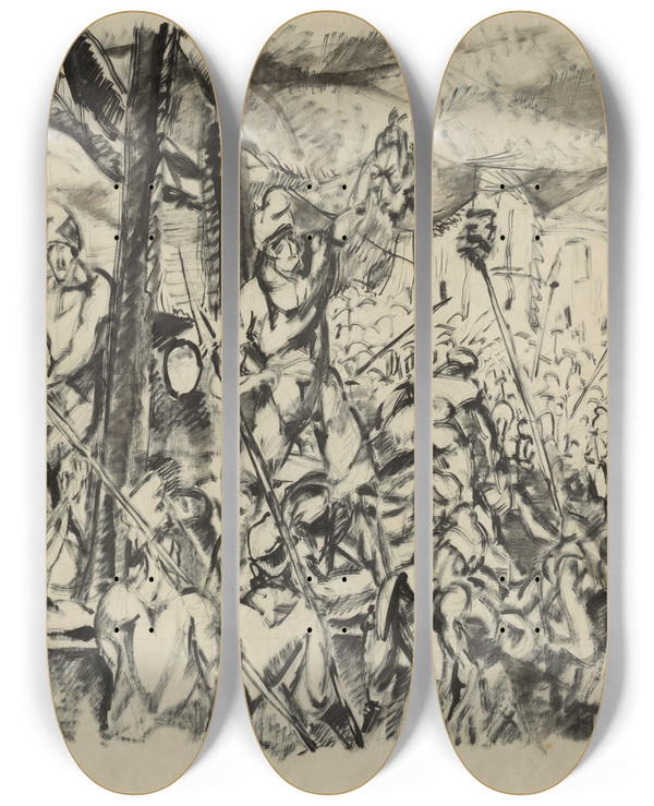 Triptych art skateboard deck of Kontantn Bauer Gilotna by Konstantin Bauer (1893-1928)