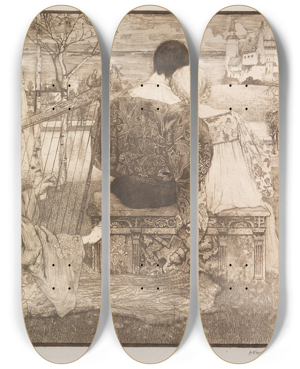 Triptych art skateboard deck of Heinrich Vogeler Liebe by Heinrich Vogeler (1872-1942)