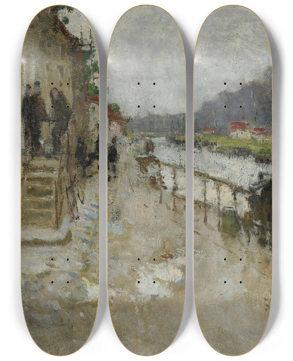 Triptych art skateboard deck of Pierreeugne Montzin Bord De Canal Saintmamms by Pierre-Eugne Montzin (1874-1946)