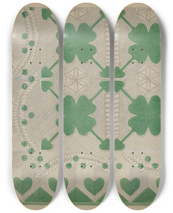 Triptych art skateboard deck of Dorothy Posten Applique Quilt_1 by Dorothy Posten