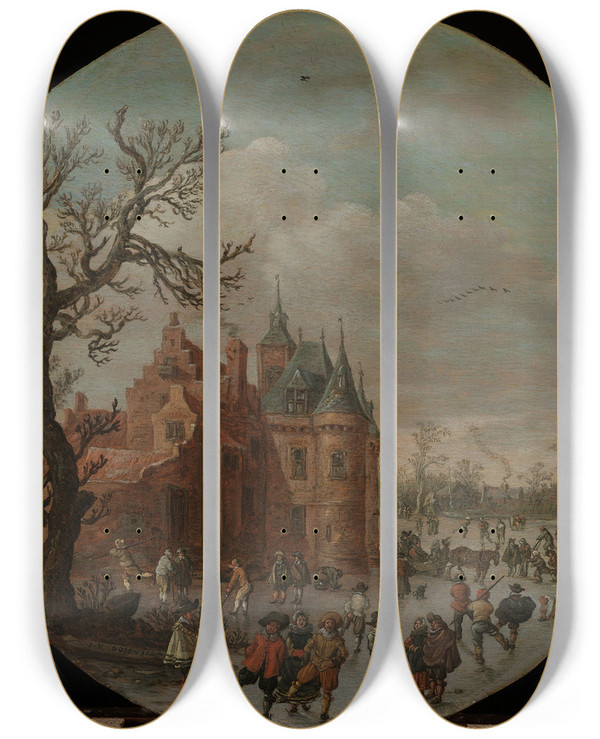 Triptych art skateboard deck of Jan Van Goyen Winter by Jan Van Goyen (1596-1656)