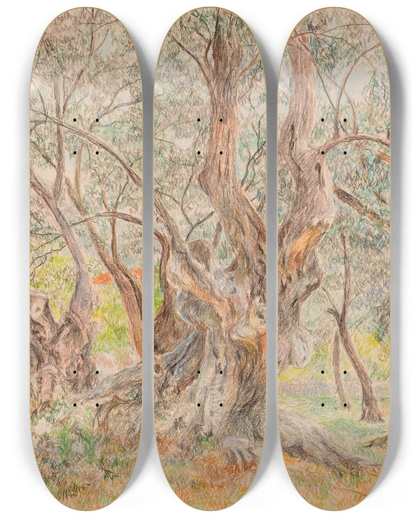 Triptych art skateboard deck of Anna De Weert Oude Olijfbomen_2 by Anna De Weert (1867-1950)