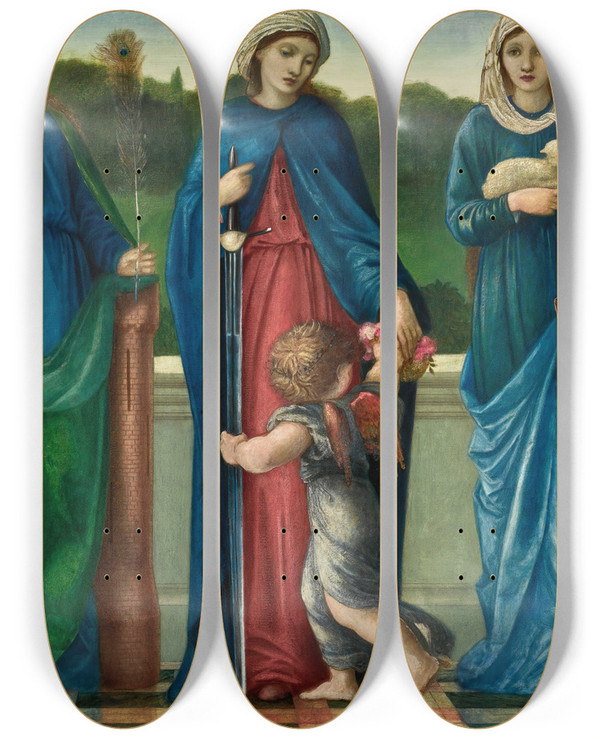 Triptych art skateboard deck of Sir Edward Coley Burnejones St Barbara St Dorothy And St Agnes by Sir Edward Coley Burne-Jones (1833-1898)
