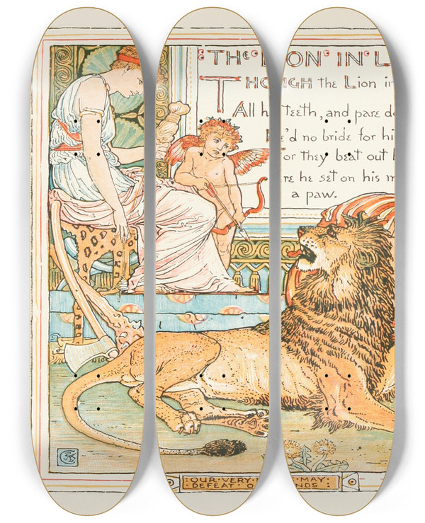 Triptych art skateboard deck of Walter Crane The Lion In Love by Walter Crane (1845-1915)