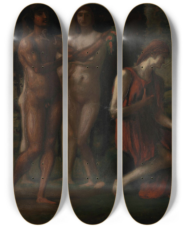 Triptych art skateboard deck of Hans Von Mares Lob Der Bescheidenheit by Hans Von Marees (1837-1887)
