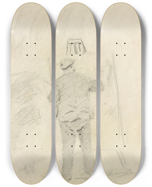 Triptych art skateboard deck of Gustav Wentzel Painter At Easel Probably Frits Thaulow by Gustav Wentzel (1859-1927)