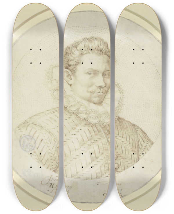 Triptych art skateboard deck of Johan Wierix Bust Of A Man by Johan Wierix