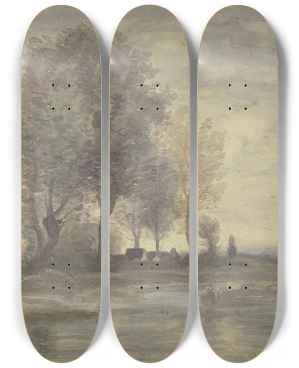 Triptych art skateboard deck of Peter Burnitz Gewsser Mit Bauernhusern Unter Hohen Bumen by Peter Burnitz (1824-1886)