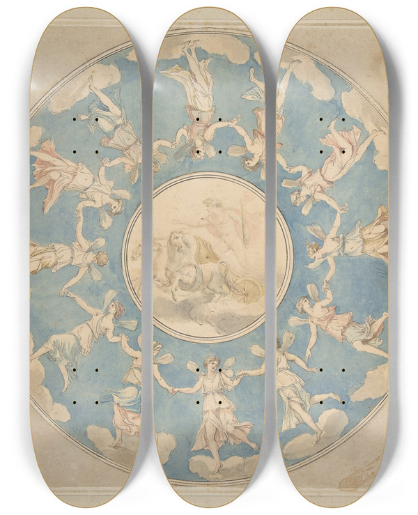 Triptych art skateboard deck of Angelica Kauffmann Design For Ceiling Apollo And The Hours by Angelica Kauffmann (1741-1807)