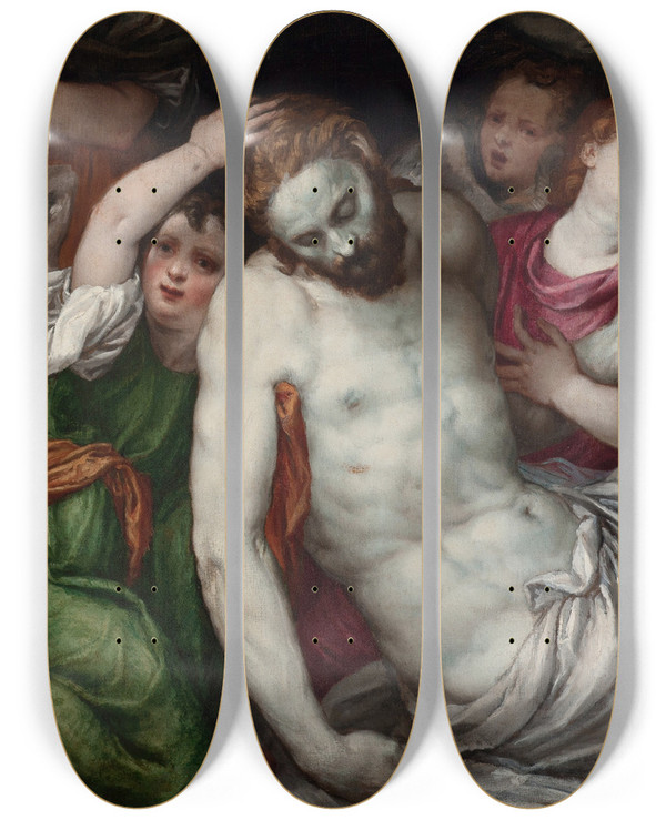 Triptych art skateboard deck of Lambert Sustris Piet And Angels by Lambert Sustris (1510-1560)