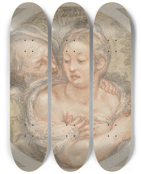 Triptych art skateboard deck of Jacob Matham The Illmatched Couple by Jacob Matham (1571-1631)