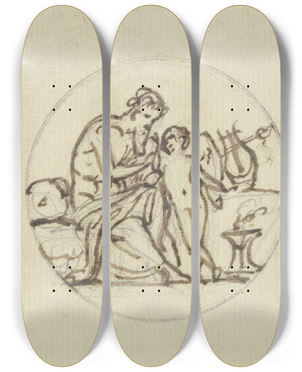 Triptych art skateboard deck of Bertel Thorvaldsen Apollo With A Genius by Bertel Thorvaldsen (1770-1844)