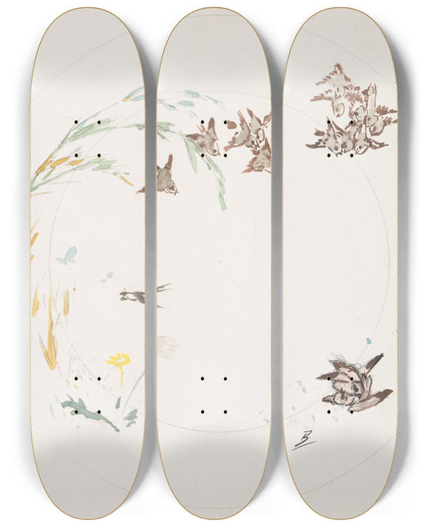 Triptych art skateboard deck of Flix Bracquemond Le Combat by Felix Bracquemond (1833-1914)