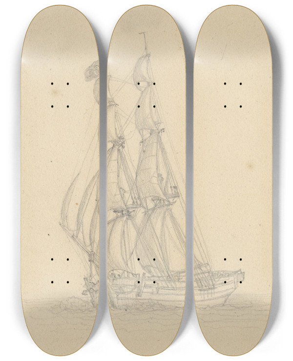 Triptych art skateboard deck of Christoffer Wilhelm Eckersberg En Brig_2 by Christoffer Wilhelm Eckersberg (1783-1853)