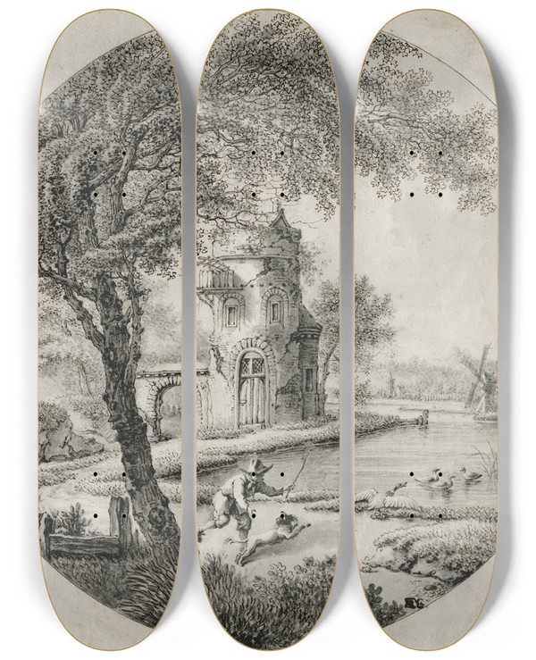 Triptych art skateboard deck of Barend Hendrik Thier Toren Aan Een Vijver by Barend Hendrik Thier (1751-1814)
