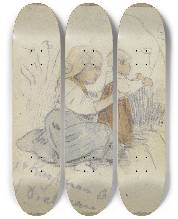 Triptych art skateboard deck of Hugo Kauffmann Kleines Mdchen Mit Kind Am Boden by Hugo Kauffmann (1844-1915)