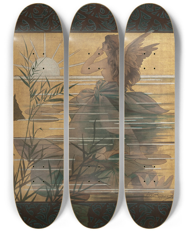 Triptych art skateboard deck of Alexandre De Riquer Composition With Winged Nymph At Sunrise by Alexandre de Riquer (1856-1920)