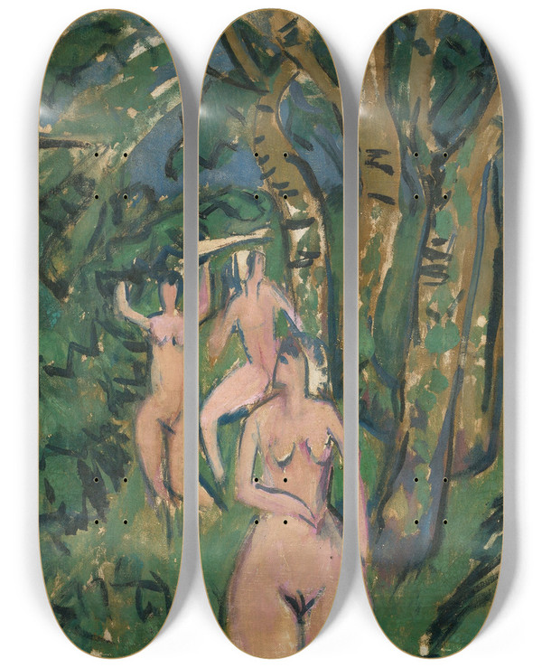 Triptych art skateboard deck of Ernst Ludwig Kirchner Akte Im Wald by Ernst Ludwig Kirchner (1880-1938)