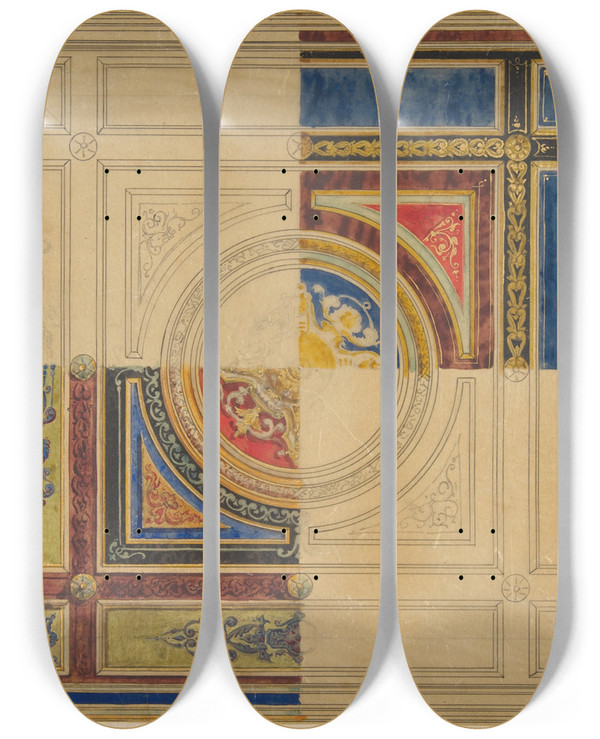 Triptych art skateboard deck of Julesedmondcharles Lachaise Design For A Paneled Ceiling With Alternative Decorations by Jules-Edmond-Charles Lachaise (1897)
