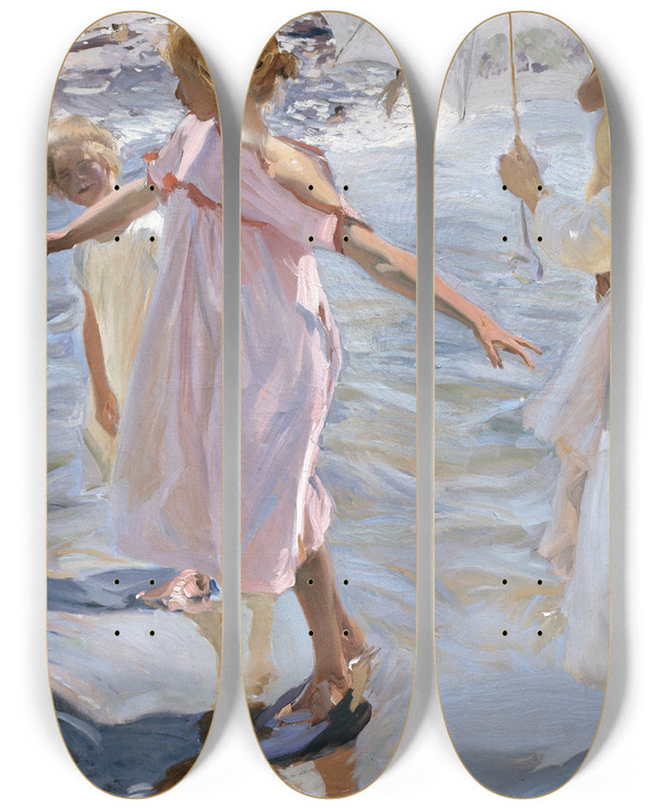Triptych art skateboard deck of Joaqun Sorolla Time For A Bathe Valencia by Joaquin Sorolla (1863-1923)